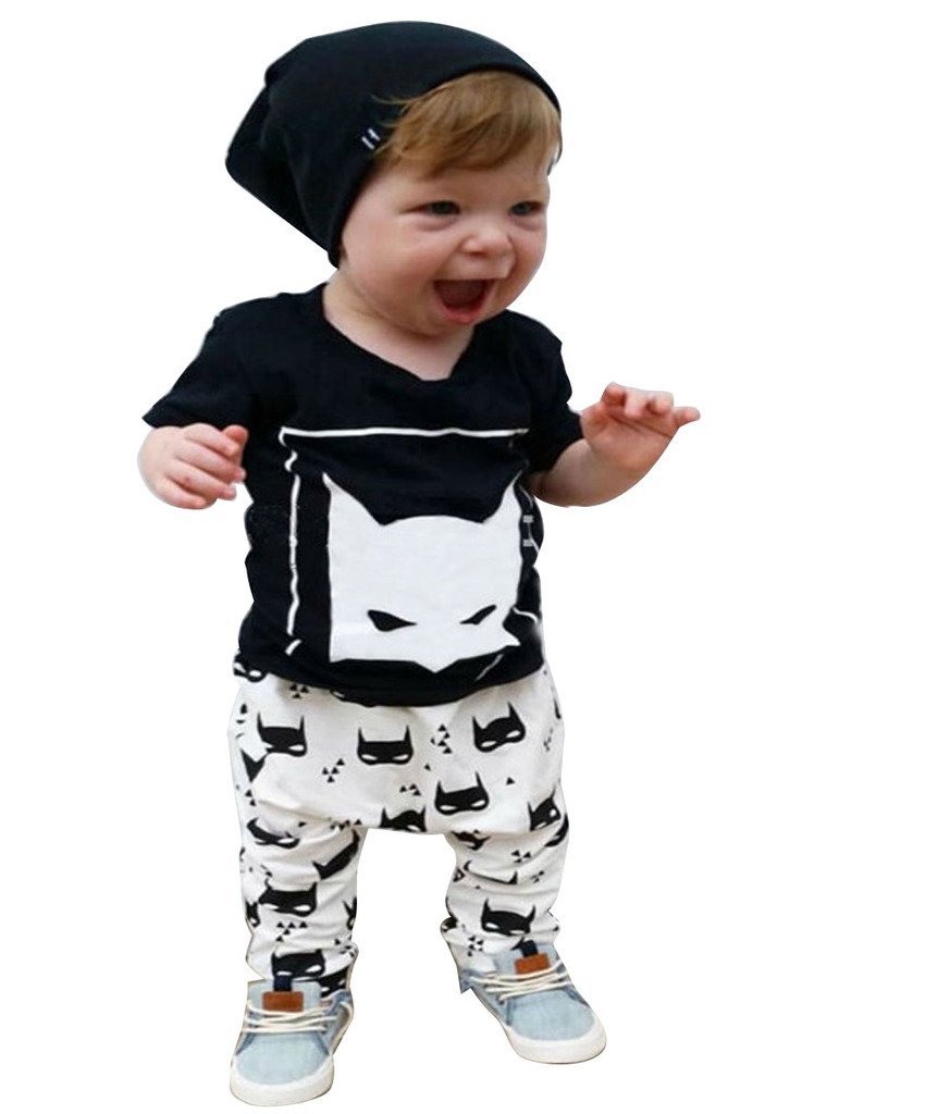 Baby-sommer-batman-baumwoll-t-shirt-pants-2-pcs-kleidung-setzen-Schwarz-0-6-Monate
