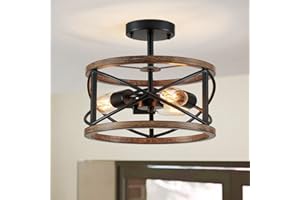 WUZUPS Chandelier 3-Bulb Wood Grain Vintage Farmhouse Industrial Semi Flush Mount Ceiling Light for Foyer Hallway Storage Room Kitchen Bathroom H 30 x W 24, Black