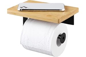 JOGNEE Porte Papier Toilette,Support Porte Papier Toilette avec Etagère en Bambou Plateau,Derouleur Papier Toilette Murale,Porte Rouleau Papier,Auto-adhésif Porte-Papier Toilette Salle de Bain sans Perçage