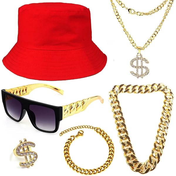 80er 90er Jahre Kostüm-Set – Goldkette, Brille, Ring & Armband, Inkl. Afro-Perücke, Für Themenpartys
