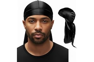 TREETRIBE 1 Pcs Silky Satin Durag,Premium Long Tail Durag for Men and Women -Perfect for 360 Waves Dreadlocks,Breathable Pirate Headwraps Cap Fashion Headbands Long Tail Hats Comfortable (Black)