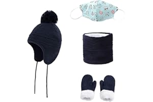 IBLUELOVER 3Pcs Ensemble Bonnet Tricoté Enfant Écharpe Gants d'hiver Cagoules Ski Chaud Tour De Cou Moufle Fille Garçon Bonnet Pompon avec Épaisse Doublure Polaire Chapeau Oreillette et Cache-Cou