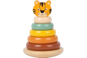Small Foot Tiger Stapling Tower "Safari" Modern 7-Delad Stapelleksak Med 5 Färgade Träringar, Från 12 Månader, 11706