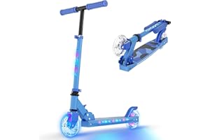 TONBUX Patinete Niños de 5 a 12 Años, Patinete Niños con Poste de Iluminación Fresco, Ruedas y Plataforma, Patinete de Altura Ajustable de Nivel 4, Patinete Ligero Plegable