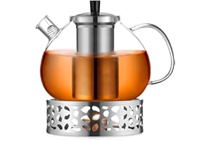Ecooe szklany czajniczek z zaparzaczem 2000 ml z podgrzewaczem do herbaty 18/8 ze stali nierdzewnej, szkło ze zdejmowanym zaparzaczem ze stali nierdzewnej, do czarnej herbaty zielonej herbaty