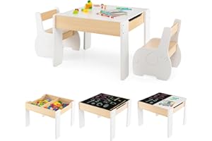 COSTWAY 4 en 1 Table Enfants avec 2 Chaises en Forme d'Eléphant, Table et Chaises en Bois avec Tableau Amovible, Espace de Rangement, Bureau pour Dessiner Jouer, Charge 30kg pour 3-6 Ans (Blanc)