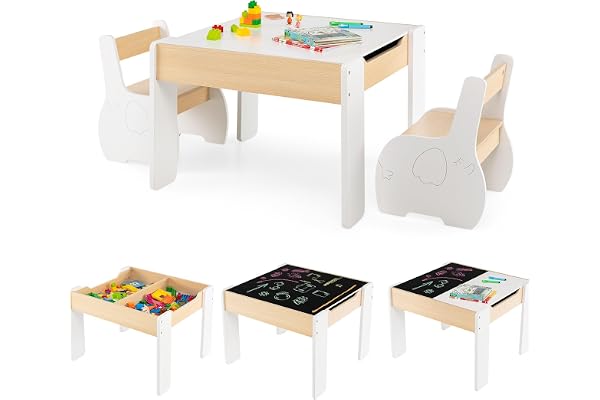 COSTWAY 4 en 1 Table Enfants avec 2 Chaises en Forme d'Eléphant, Table et Chaises en Bois avec Tableau Amovible, Espace de Rangement, Bureau pour Dessiner Jouer, Charge 30kg pour 3-6 Ans (Blanc)