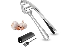 JIGUOOR Garlic Press, Stainless Steel Garlic Cutter, Equipped with Garlic Peeler and Cleaning Brush. Easy to Squeeze and Clean, Dishwasher Safe，for Small Kitchen Utensils Gadgets