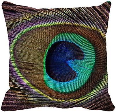 Okoukiu Cotton Canvas Beautiful Peacock Feather Pillow Covers Square Decorative Throw Pillow Case Cushion Cover 20"*20"