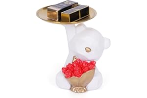 Azazaza Bear Figurine, Resin Bear Statue with Storage Tray, Cute Ornament Key Snack Holder, Modern Art Decor Sculpture for Home Living Room Office (D-White Rose)