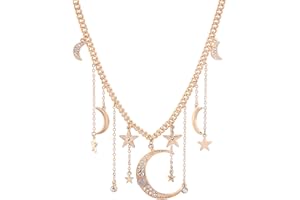 HMOOY Mode Cristal Croissant De Lune Et Étoile Pendentif Collier Plaqué Or Rétro Phase Étoile Pendentif Délicate Chaîne Collier Accessoires Bijoux Pour Femmes Dames s