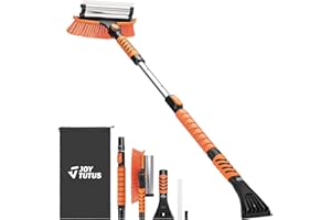JOYTUTUS 47″ Snow Brush Ice Scraper 5 in 1 Extendable Foam Snow Scraper with Squeegee Car Ice Scraper 270° Auto Car Snow Removal Broom Detachable Car Window Scraper Brush with Resistant Gloves(Orange)