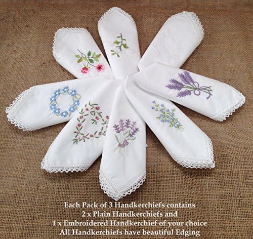 Pack of 3 Beautiful 100% Cotton Ladies Handkerchiefs. Choice of 1 Embroidered Design and 2 Plain with Delicate Crochet Borders