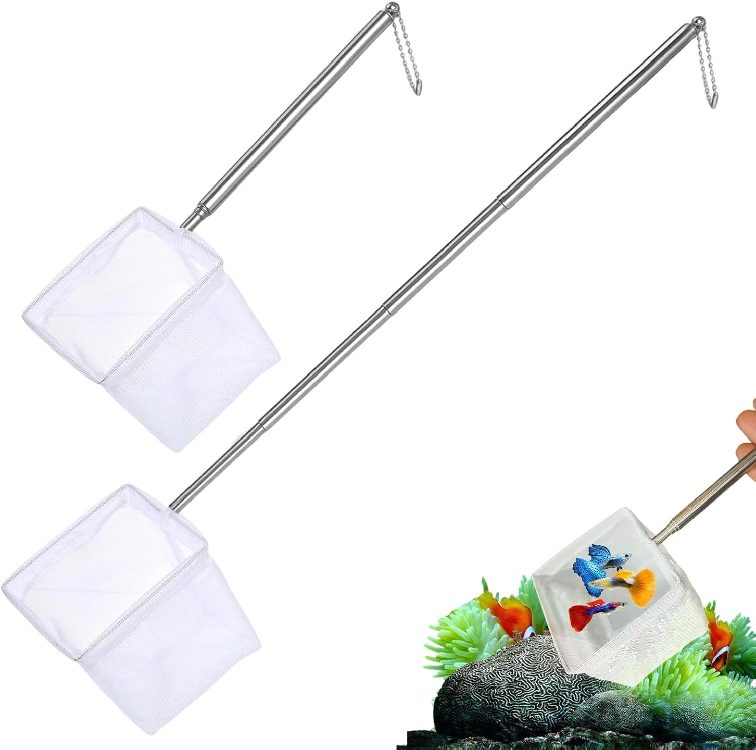 GWEOR Pack de 2 Redes de Acuario Cuadradas Grandes, Salabre de Malla Fina para Peces y Gambas, Accesorios de Limpieza para Peceras y Estanques, Resistentes y Seguras