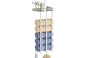 OVICAR Ovicar Towel Racks for Bathroom - Wall Mounted Rolled Towels Storage with Metal Shelf & 3 Hooks,3 Bars Wall Towel Holder for Small Bathroom, Bath Towel Organizer (White)