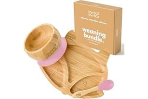 bamboo bamboo Baby Plate & Bowl Weaning Set with Secure Suction for Feeding and Weaning, Bamboo Fox Plate, Toddler Bowl & Baby Spoon for Babies from 6 Months (Fox, Pink)