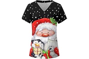 GRACEYO Damen Weihnachten Motiv Bunt Pflege Kasack Kurzarm V-Neck Krankenhaus Schlupfhemd Berufsbekleidung Atmungsaktiv Krankenpfleger Kasack Pflege Bluse Arzt Uniform Krankenschwester Kleidung Mit Taschen