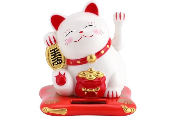 HERCHR Lucky Cat,Chat Chinois Porte Bonheur,Maneki Neko Solar alimenté,Statuette Chat Japonais Porte Bonheur, Figurine Chats avec l'énergie Solaire Décoration Maneki-Neko Chats,6,5 x 7 x 7,6cm,Blanc