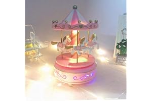 IBLUELOVER Karussell Hölzernes Vintage Spieluhr 4 Pferd Rotierende Musikbox mit bunter Beleuchtung LED Leuchtend Spielzeug Dekoration Weihnachten Geschenk für Mädchen Kinder