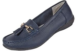 Jo & Joe Nautical Ladies Leather Loafer Shoes, Tassel Flat, Women's Size 7.5-8, Flexible Rubber Grip Sole, Round Toe, Pull-On, 1 inches Heel, Cold Lining, Solid, Low Top, Comfort Wear, Party