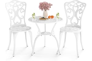 COSTWAY Conjunto Jardin Exterior de 3 Piezas, Sillas y Mesa de Aluminio Fundido, Agujeros para Sombrilla, Mueble Comedores Jardin Terraza Balcon Exterior (Flor Blanco)