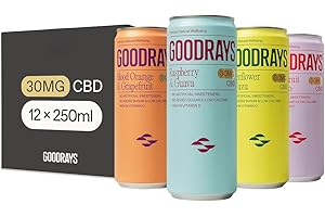 GOODRAYS CBD Drinks, Sparkling Low Calorie Soft Drink, Vegan, 4 Flavour Mixed Pack, 12 x 250ml Cans, Packaging May Vary