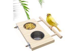 MISSFOX Papagei Futterschale Edelstahl Vogelnapf Vogel Futternapf mit Holzständer Fütterungsschale für Wellensittiche Sittich Nymphensittiche (Doppelt Slot)