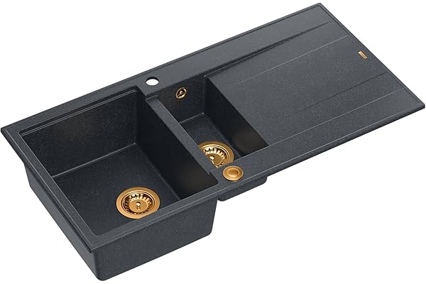 QUADRON Evier en granit | Taille 50 x 100 x 21/16 cm, Couleur: Noir + Cuivre Pvd | EVAN 156 Evier de cuisine double évier | Evier de cuisine double évier avec égouttoir | avec trou pour robinet