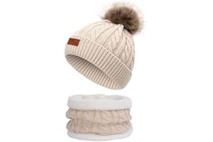 Martin Kench Kinder Winter Beanie Hut Schal Set Winter Mütze Loop Schal Set Kinder Unisex Strick Bommelmütze Wolle Schal für Mädchen Damen