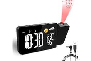 Uzoli EM3211A Sveglia con proiettore e display LED, Previsioni meteo 8h, Temperatura e Umidità, 2 Allarmi, Funzione snooze, Proiettore con rotazione a 180°, 10 Suonerie, ideale per casa o ufficio