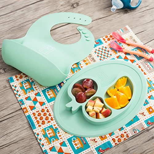 Kindergeschirr Esslern-Set Baby Geschirrset Kinderteller Babyteller Rutschfeste Tischunterlage aus Silikon Esslernbesteck Baby Led Weaning YAMBINO ® Lucky Placemat - 6