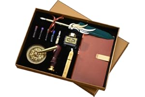 Juego de Pluma de Inmersión JasCherry, Pluma y Tintero Antiguo con Sellos de Cera, Tinta y Cuaderno de Cuero, Bolígrafos de Caligrafía para Arte, Escritura, Firma, Decoración, Regalo