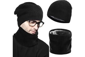 dafuhao 2Pcs Winter Beanie Hat Scarf Set, Warm Knitted Beanie Hat with Neck Warmer, Thermal Outdoor Winter Hat and Circle Scarf for Men Women Winter Outdoor Sports Black