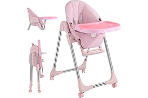 OUNUO Trona para Bebe Evolutiva, Trona para bebés Plegable con bandeja extraíble, Tronas bebe Ajustable 5 Alturas, 4 ruedas, Rosa