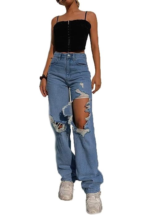WangsCanis Jeans Strappati Femminili Pantaloni Attillati a Vita Alta  Pantaloni Larghi per Donna (Blu, S) : Amazon.it: Abbigliamento