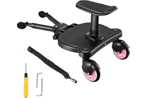 MICADDY Portable Buggy Board with Seat, Universal Kiddy Boards Pram Standing Board,Stable Two Wheel Design,360° Rotation,Pram Accessory for Children Baby from 2-6 Years Compartible with 99% Stroller Pink