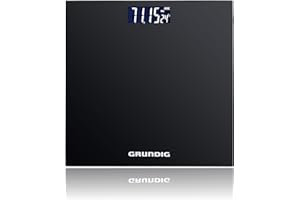 Grundig Pèse Personne – Balance Digitale en Verre – Pèse Personne avec Écran LCD – Capacité jusqu’à 180 kg – Unitès kg, lb et st – 28x28 cm – Noir