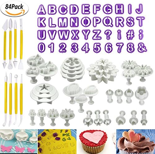 Fondant Sugarcraft Cake Letter Cutters, CRMICL Fondant Tools Set 84 Pcs Cake Decorating Tools Fondant Cutters Tools Rose Flower Alphanumeric Characters Moulds Set for Fondant, Syrup Biscuits, Chocolate &amp; Almond Sugar