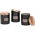 Harbour Housewares 3pc Round Metal Tea Coffee Sugar Canisters Set - Black/Copper - Kitchen Storage Tin Caddy Container Canister Jars with Lid
