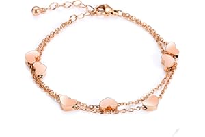 Crazy-m Rosegold Herzen Damen Fußkettchen Layered Armband mit Herz Anhängern Doppelt Kette Armband für Frauen Armkette Edelstahl Love Bracelet aus Titan