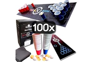 Gartenheld Beerpong XXL para Pong de Bayas, Incluye 10 Pelotas, Mate y Vasos Reutilizables de 480 ml, Color Rojo y Azul (180 x 60 cm, Juego de 100 Tazas), (SG-WEB01-0036)