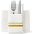 UKEENOR Disposable Dinner Napkins Cloth Like with Built-in Flatware Pocket,Wedding Party Linen Feel White and Golden Napkin, Prefolded for Silverware, 100 Counts