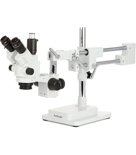 Produktbild von AmScope SM-4TZ-144A – Trinokulares Stereomikroskop 3,5X–90X, 144-LED-Ringlicht, 10MP Kamera, Doppelarm-Ausleger – Top-Bewertung 2017