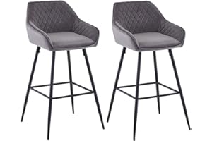 AINPECCA Bar stools Set of 2 Grey Velvet Fabric Upholstered Seat with Backrest & Armrest Black Metal Legs Counter Breakfast Chairs Kitchen