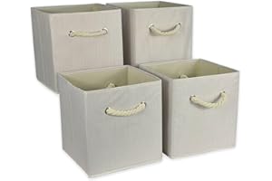 WAY BETTA Set of 4 Foldable Bamboo Cubes Storage Box Bin Collapsible Fabric Organiser Basket With Rope Handles Folding Wardrobe Organizer For Home & Office Use Perfect For Nursery, Toys, Wardrobe Clothes