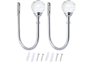 BlueXP 2 Pack Metal Curtain Holdback Hook Crystal Ball U-Form Wall Mounted Curtain Tie Back Hook Decorative Curtain Drapery Holdback Arms Hook for Window Shower Curtain Drapery Voile Towel Coat Sliver
