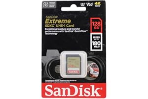 SanDisk 128GB Extreme SDXC card, SD card up to 180MB/s, V30 Memory card, UHS-I, Class, 10, U3, V30, RescuePro Deluxe data recovery software.