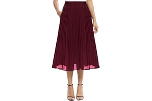 EXCHIC Damen Fließender Chiffon Elastisch Taille Midi Rock Freizeit A-Linie Knielange Falten Rock mit Tasche