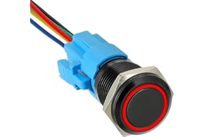 JAMHER 16MM 12V DC Self-Locking Push Button Switch 1NO1NC SPDT Switch with Ring LED Light Waterproof On Off Button Switch for 0.63" Mounting Hole with Wire Socket Plug(Red)