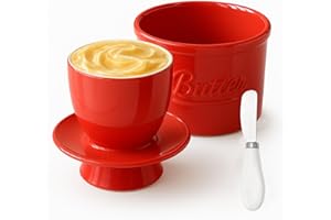 BCUUOZEEING Ceramiczna maselniczka z nożem do masła, ceramiczna maselniczka z pokrywką, chłodzona wodą z linią wodną, maselniczka porcelana do świeżości i smarowania masła, czerwona